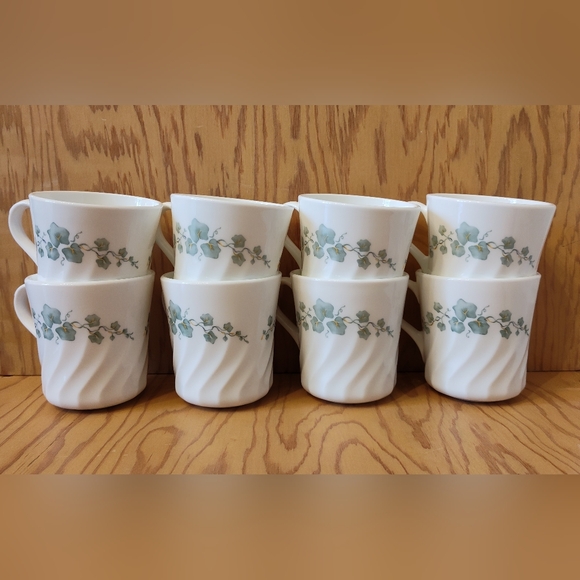 Corning Corelle White Callaway Green Ivy Swirl Coffee Tea Mugs Cups Set Lot of 8 - Picture 1 of 8